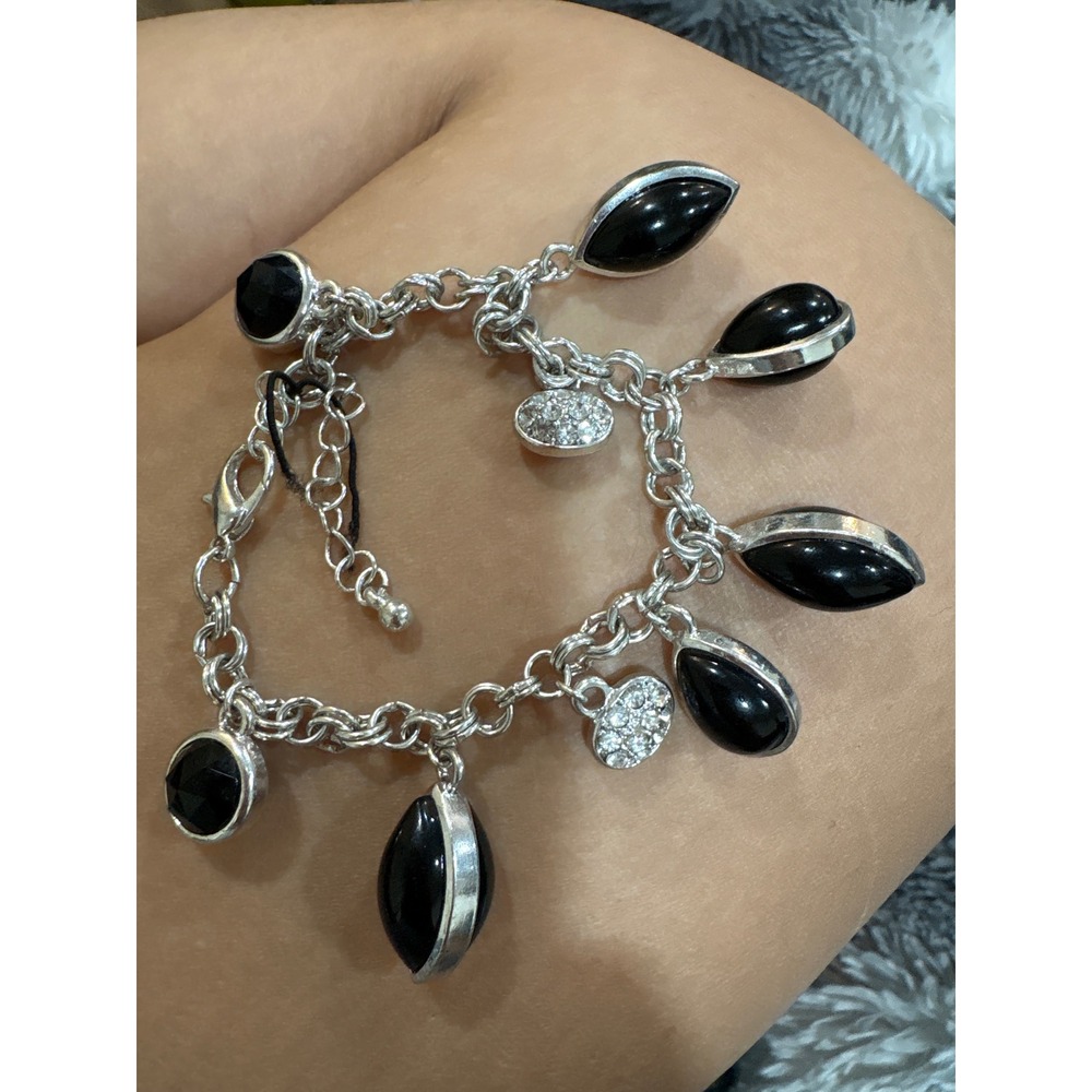 10-Charm Bracelet Womens OS Black Excellent Silver Tone Crystal Goth